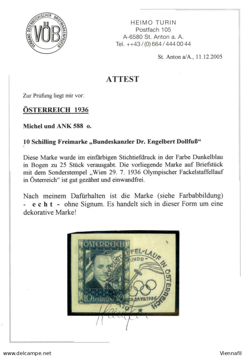 Piece 1936, 10 Schilling "Dollfuß" Dunkelblau Auf Briefstück; Dekorativ Mit Dem Sonderstempel "OLYMPIA FACKELSTAFFEL-LAU - Sonstige & Ohne Zuordnung