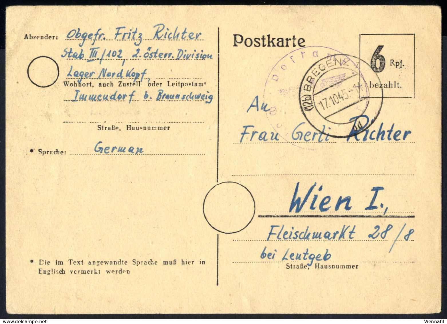 Cover 1945, Postkarte Zu 6 Pf. Vom 17.10.1945 Aus Dem Kriegsgefangenenlager Nordkopf Bei Braunschweig über Das Postamt B - Other & Unclassified