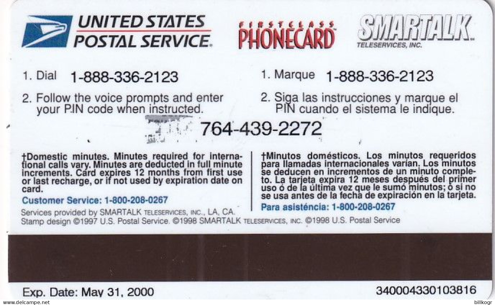 USA - Stamps, U.S.Postal Service/Smartalk Magnetic Recharge Card 30 Min, Exp.date 31/05/00, Used - Otros & Sin Clasificación