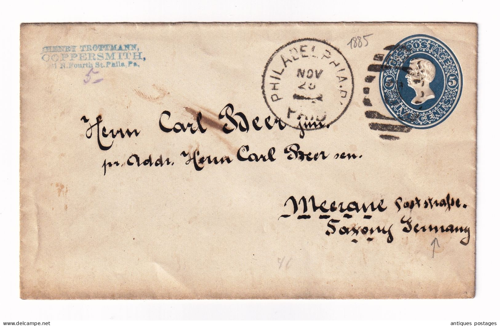 Postal Stationery 1885 Philadelphia Henry Trottmann Coppersmith Pennsylvania USA Germany Carl Beer Meerane Sachsen - ...-1900