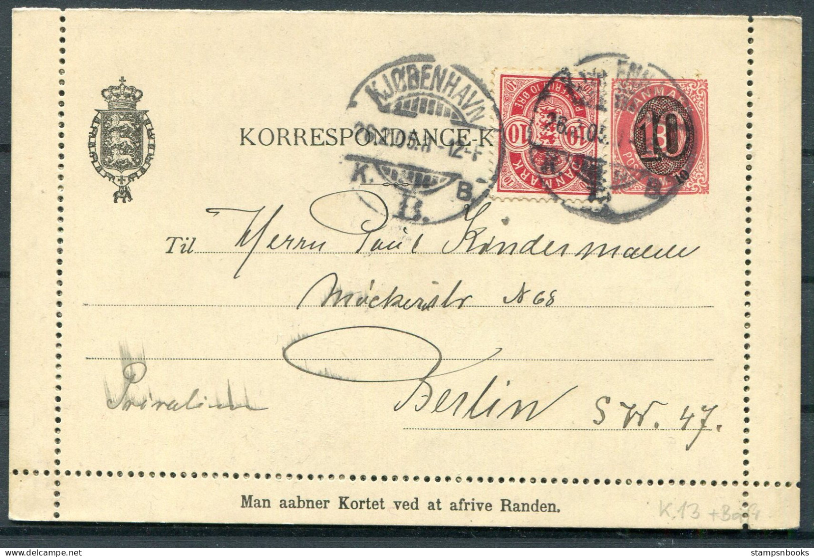 1905 Denmark Uprated 10/8ore Stationery Lettercard Copenhagen - Berlin Germany - Storia Postale