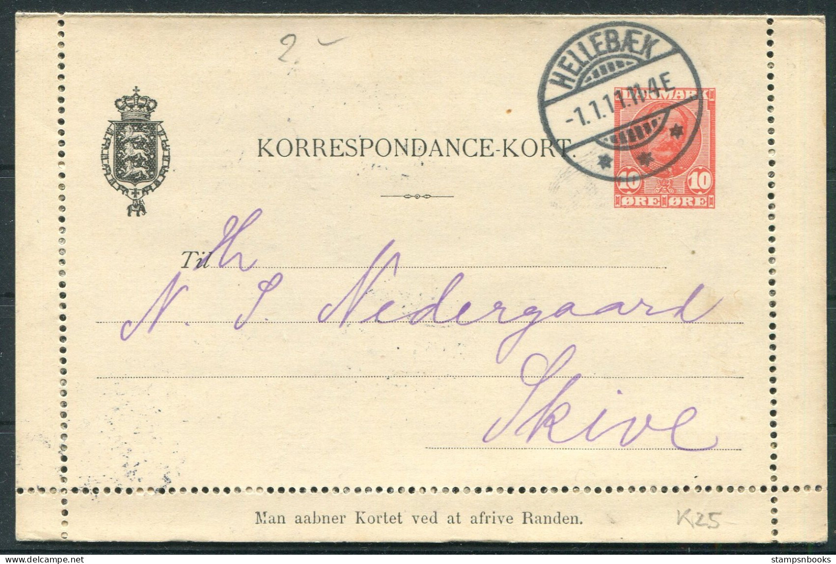 1911 (1.1.11) Denmark 10ore Frederik 8th Stationery Lettercard Hellebaek - Skive - Lettres & Documents