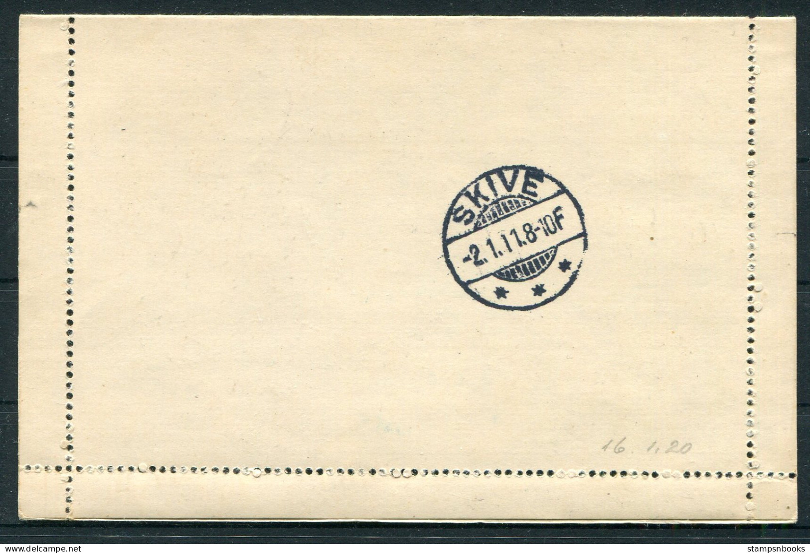 1911 (1.1.11) Denmark 10ore Frederik 8th Stationery Lettercard Hellebaek - Skive - Brieven En Documenten