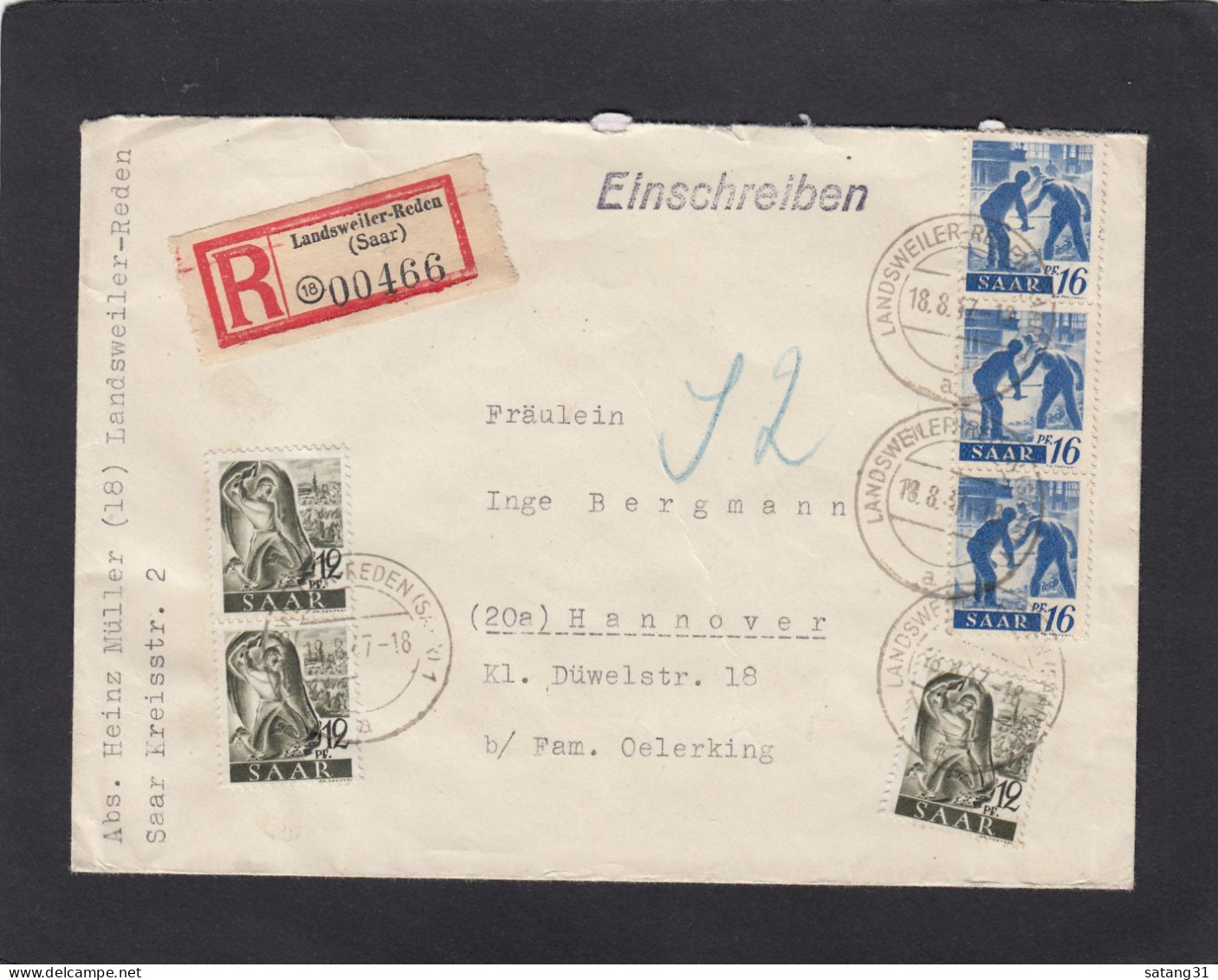 EINGESCHRIEBENER BRIEF AUS LANDSWEILER-REDEN NACH HANNOVER,1947. - Storia Postale