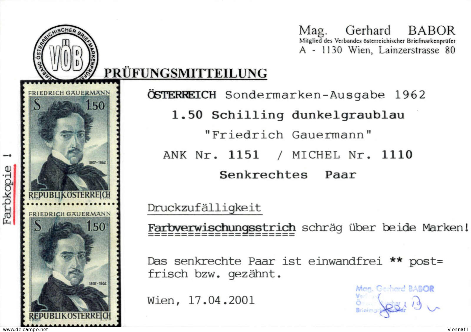 ** 1962, 1,50 Schilling, Friedrich Gauermann, Senkrechtes Paar Mit Farbverwischungsstrich über Beide Marken, Postfrisch, - Other & Unclassified