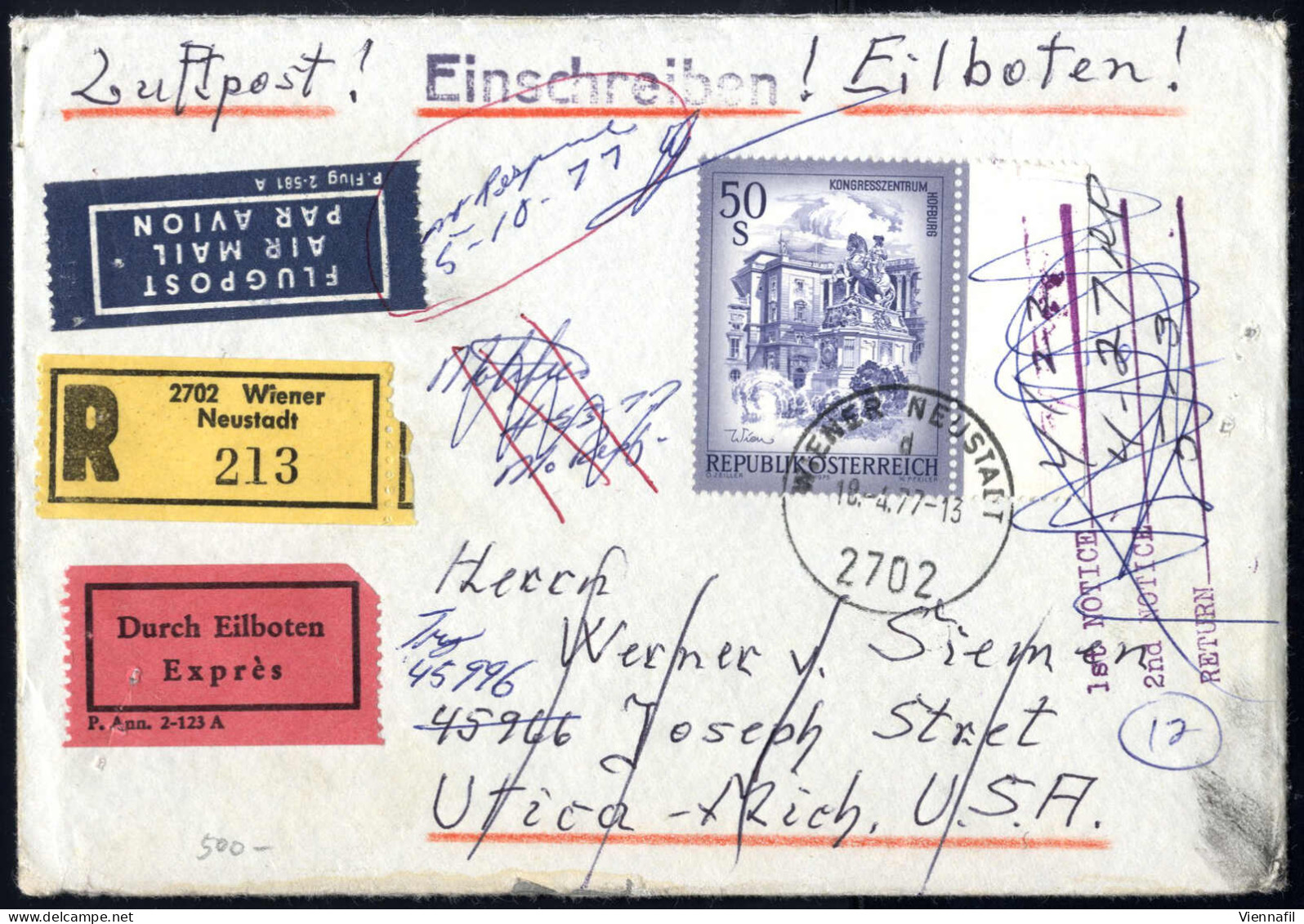 Cover 1977, Reko- Express-Flp. Brief Mit Rückschein, Frank. Mit 50 S., Ges. Von Wr. Neustadt In Die USA, Dabei Auch Ein  - Other & Unclassified