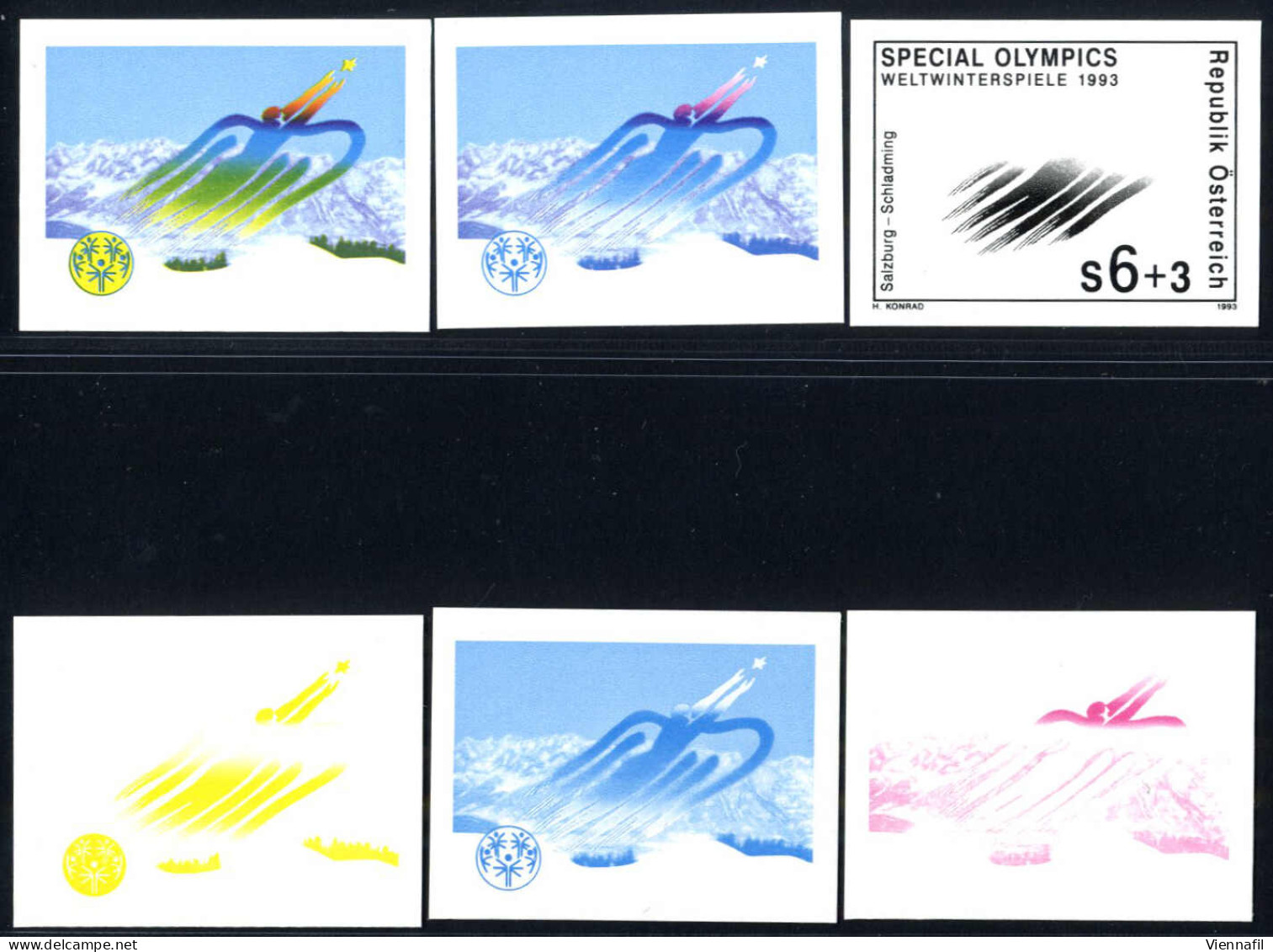 ** 1993, 6 + 3 Schilling, "Special Olympics Winterspiele" 6 Ungezähnte Phasendrucke, Postfrisch, Attest Soecknick - Sonstige & Ohne Zuordnung