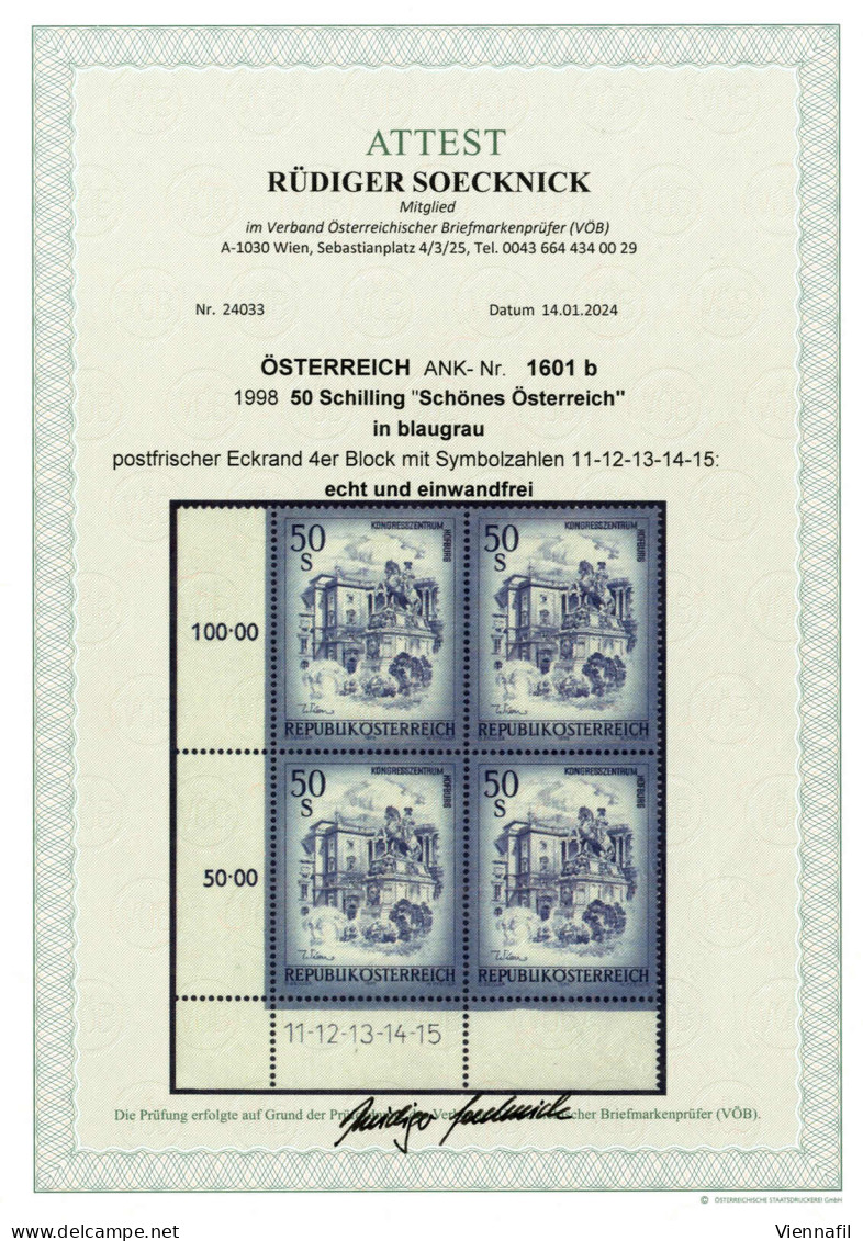 ** 1998, 50 Schilling "Schönes Österreich" In Der Seltenen Farbe "blaugrün", Postfrischer Eckrand-Viererblock Mit Symbol - Andere & Zonder Classificatie