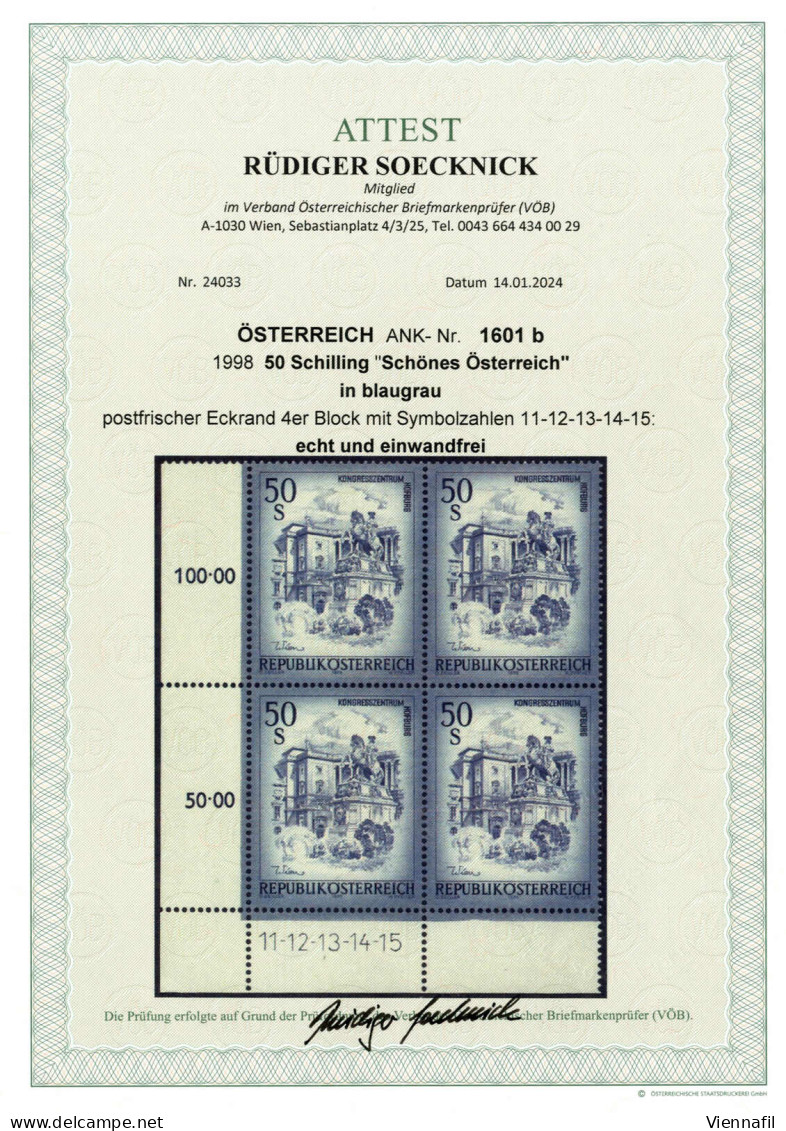 ** 1998, 50 Schilling "Schönes Österreich" In Der Seltenen Farbe "blaugrün", Postfrischer Eckrand-Viererblock Mit Symbol - Other & Unclassified