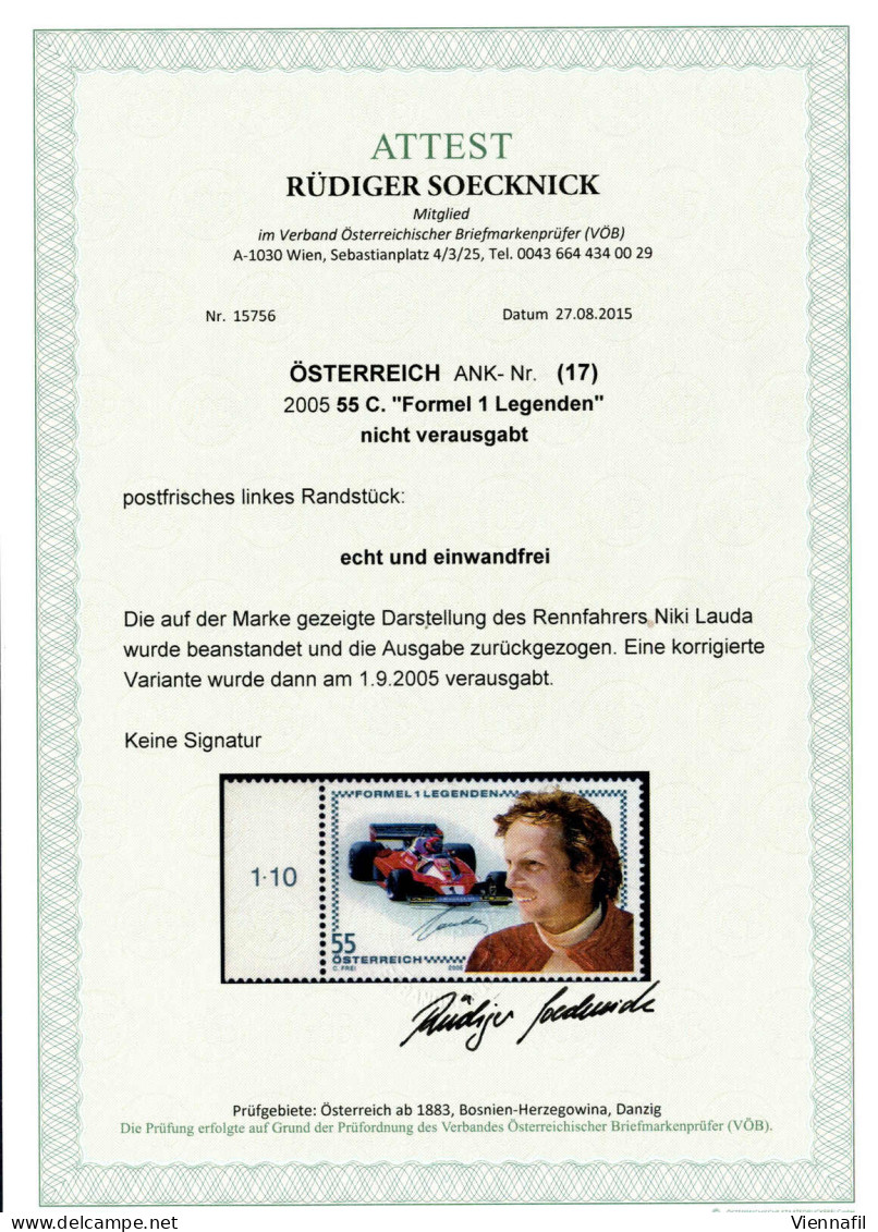 ** 2005, Niki Lauda, 55 C Zurückgezogen Postfrisch, Attest Soecknick, ANK (17) - Altri & Non Classificati