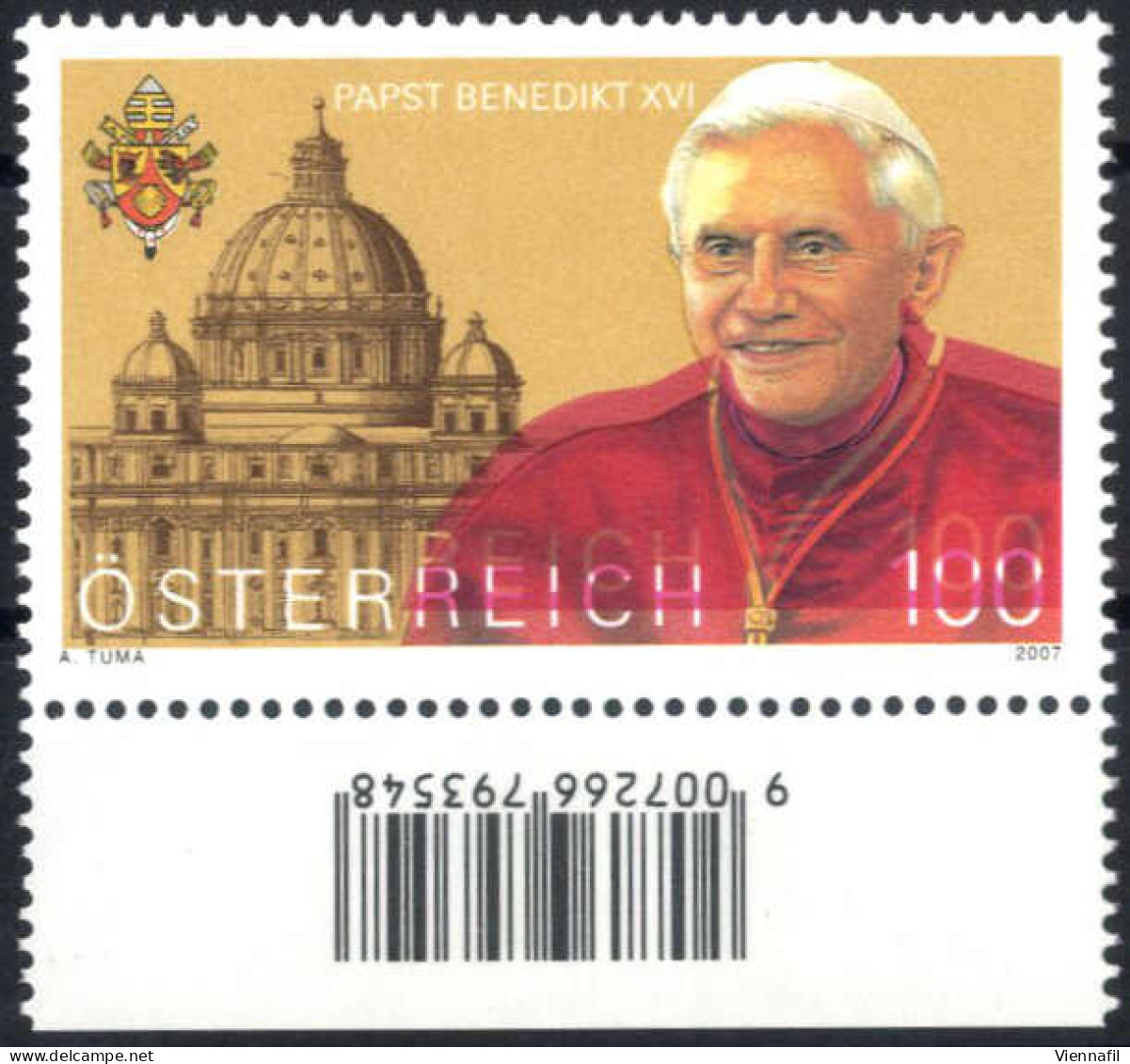 ** 2007, Papst Benedikt XVI Mit Stark Verschobener Farbe Purpurlila, Postfrisches Unterrandstück, Attest Soecknick, ANK  - Other & Unclassified