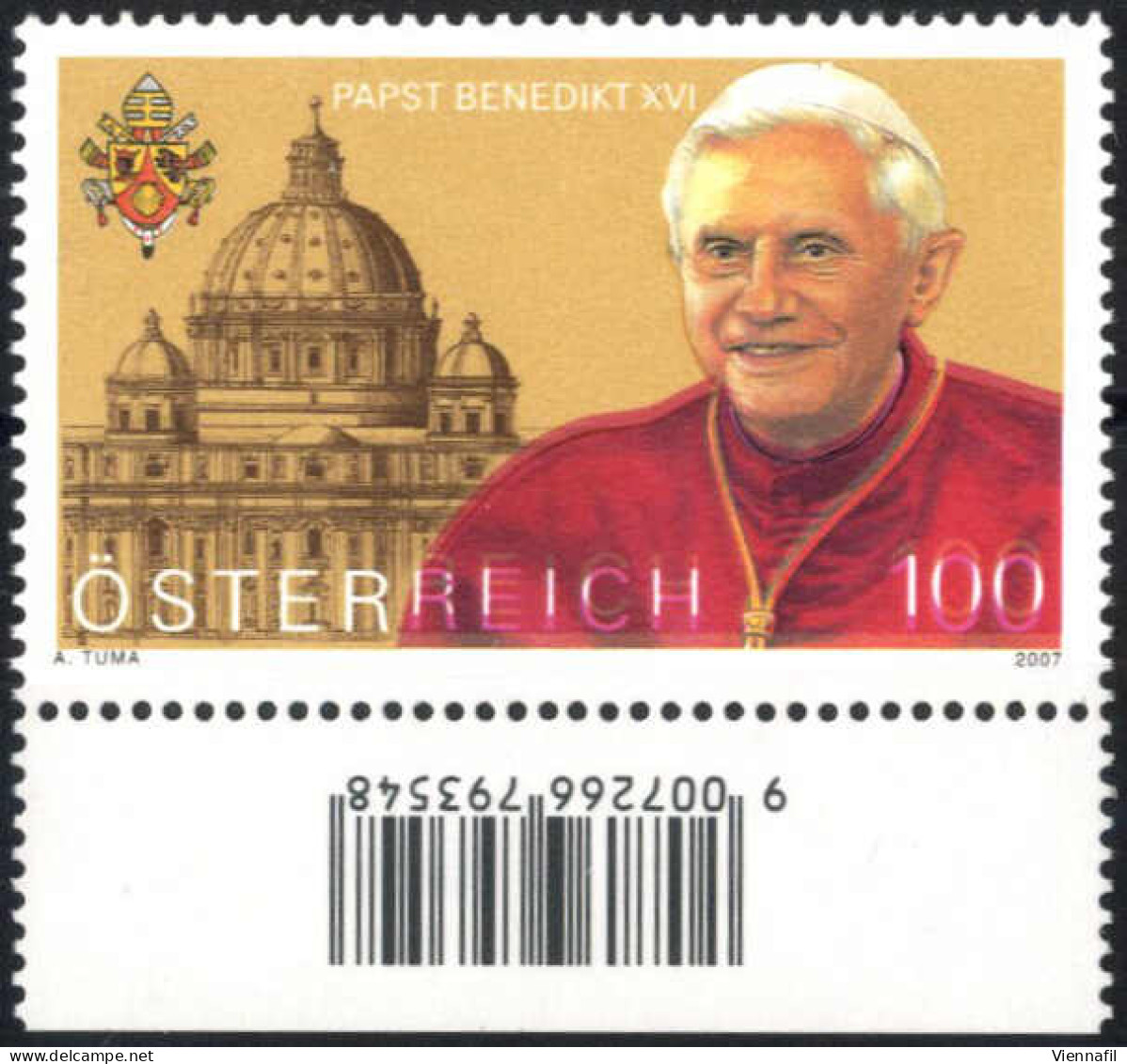 ** 2007, Papst Benedikt XVI Mit Verschobener Farbe Purpurlila, Postfrisches Unterrandstück, Attest Soecknick, ANK 2977 I - Other & Unclassified