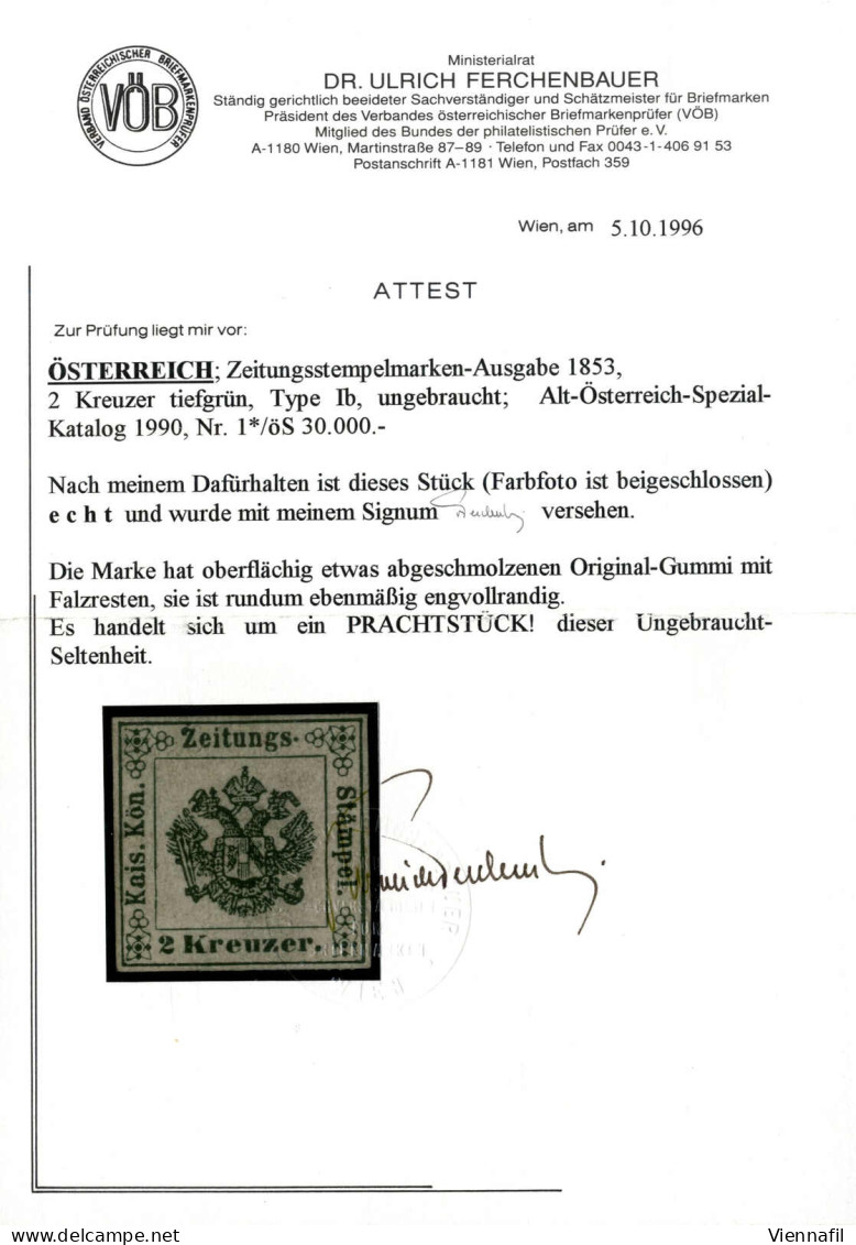 * 1853, 2 Kreuzer Tiefgrün Type I B, Laut Fotoattest Dr. Ferchenbauer, Prachtstück Dieser Ungebraucht-Seltenheit, ANK 1 - Periódicos