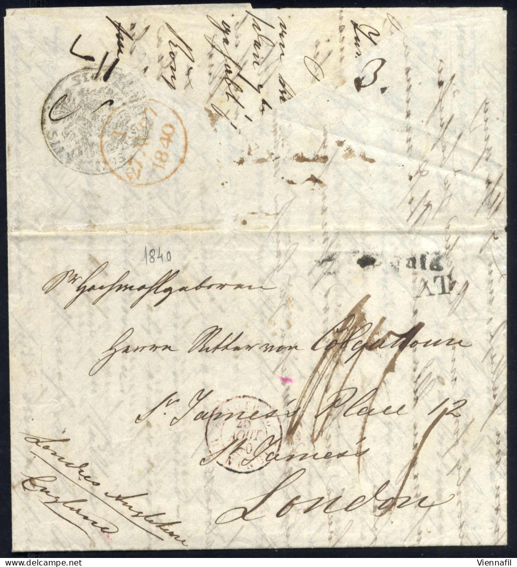 Cover 1840, Brief Vom 5.8.1840 Von Constantinopel über Frankreich Nach London, Franz. Grenzübergangsstempel Vom 25.8. Un - Levant Autrichien