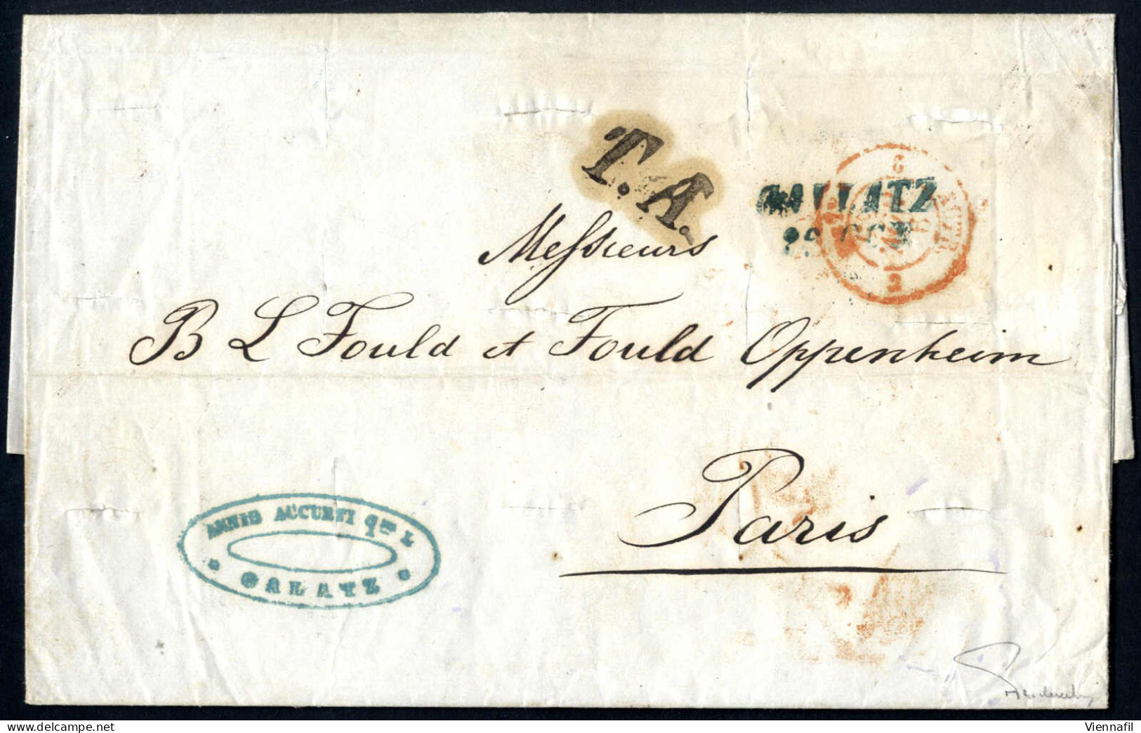 Cover 1855, Kompletter Brief Vom 29.10.1855 Von Galatz über Österreich Nach Paris, Blauer Abgangsstempel "GALLATZ / 29 O - Eastern Austria