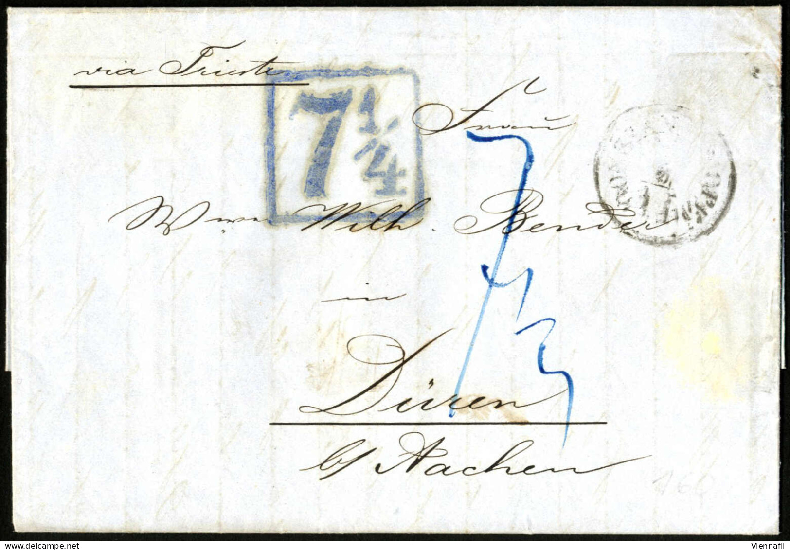 Cover 1857, Kompletter Porto-Brief Vom 5.11.1857 Von Constantinopel über Triest Nach Düren Bei Aachen, Mit Dem Blauen Ka - Levant Autrichien