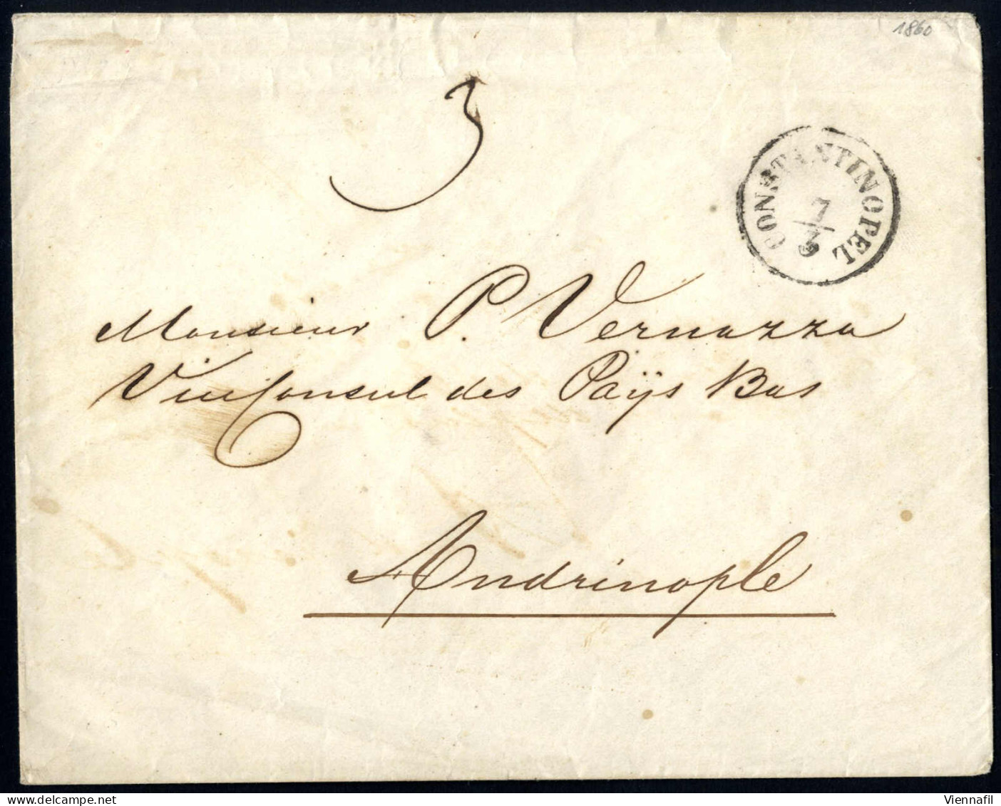 Cover 1860, Portobrief Vom 7.3.1860 Von Constantinopel Nach Adrianopel An Den Niederländischen Vizekonsul, Dort Mit "3"  - Oriente Austriaco