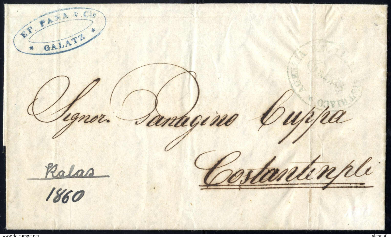 Cover 1860, Vollständiger Brief Vom 8.9.1860 Von Galatz Nach Constantinopel, Blaugrüner Agenturstempel "AGENZIA DEL LLOY - Oostenrijkse Levant