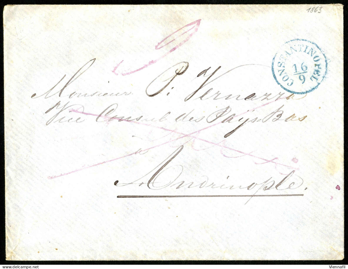 Cover 1863, Barfrankierter Brief Vom 16.9.1863 Von Constantinopel Nach Adrianopel, Blauer Abgangsstempel "CONSTANTINOPEL - Levant Autrichien