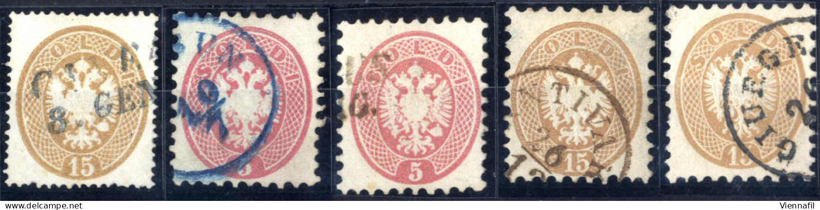 O 1863/64, 5 Soldi Braun Gez. 14 Gest. "CANEA, 8. GEN" In "müllerblau", 2x5 Soldi Rosa Gez. 9½ Mit Teilabschlag Von Sams - Eastern Austria