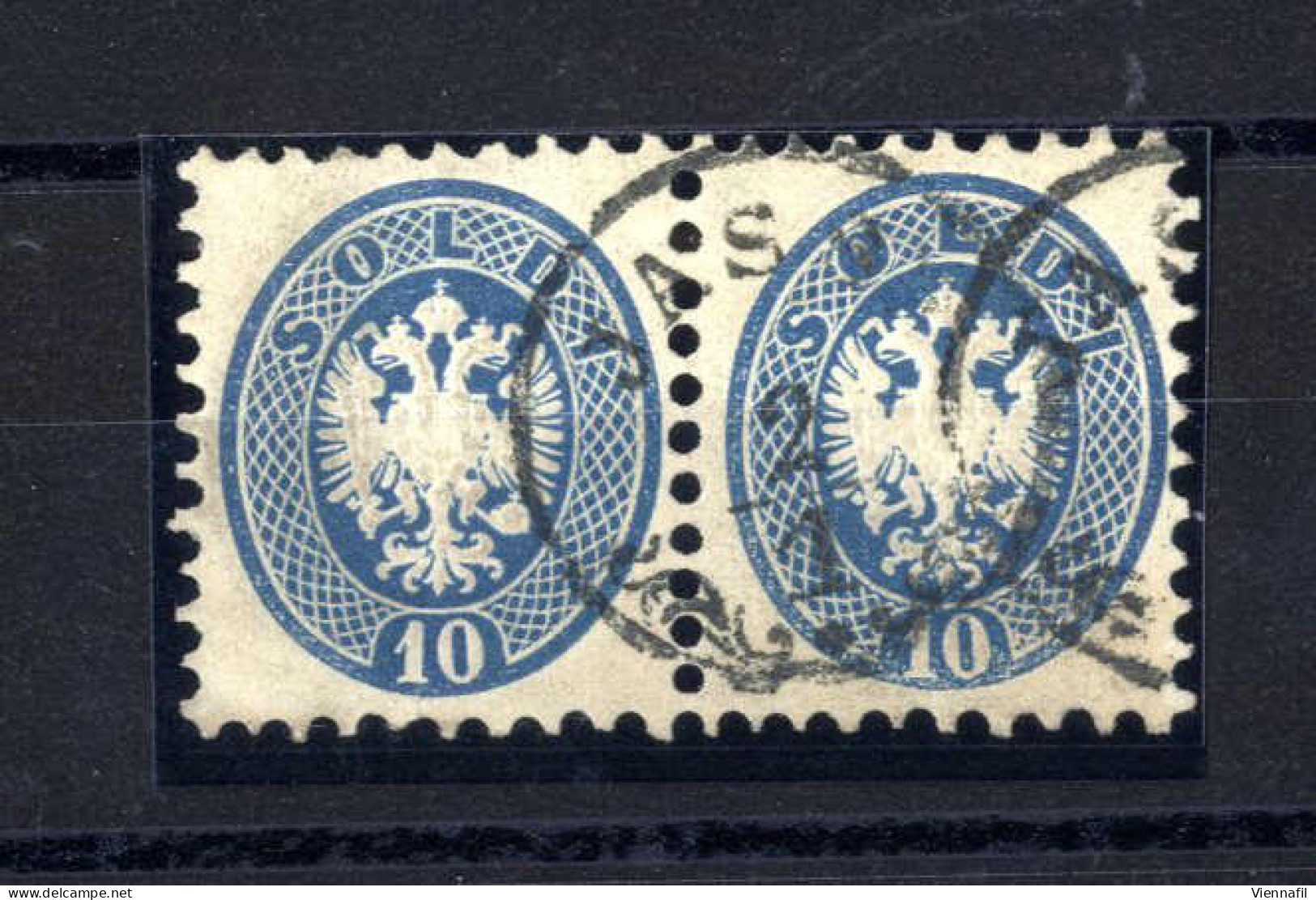 Pair 1864, 10 Soldi Blau, Waagrechtes Paar Gez. 9½, Mit Einem Kompletten Abschlag Des Stempels "JASSY, 2/1" Gestempelt,  - Oostenrijkse Levant