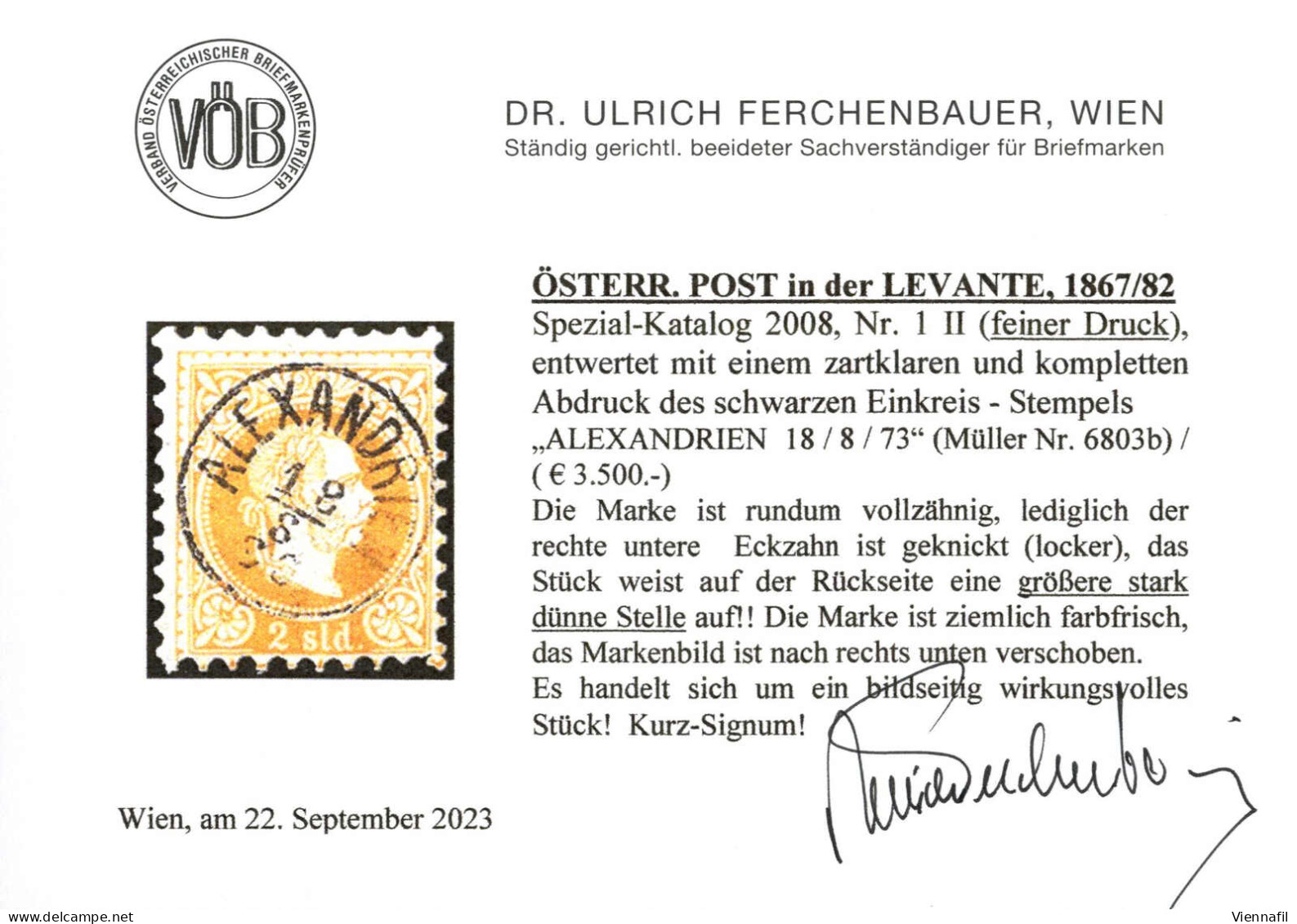 O 1867, 2 Soldi Gelb Feiner Druck, Entwertet Mit Schwarzem Einkreisstempel "ALEXANDRIEN 18/8/73", Rückseitig Mit Größere - Eastern Austria
