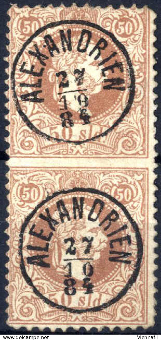 O 1867, 50 Soldi Braun LZ 10 1/2, Im Senkrechtem Paar, Mitte Ungezähnt, Entwertet Mit Zwei Einkreisstempel "ALEXANDRIEN  - Levante-Marken