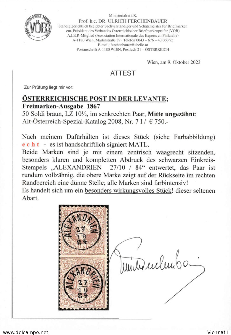 O 1867, 50 Soldi Braun LZ 10 1/2, Im Senkrechtem Paar, Mitte Ungezähnt, Entwertet Mit Zwei Einkreisstempel "ALEXANDRIEN  - Eastern Austria