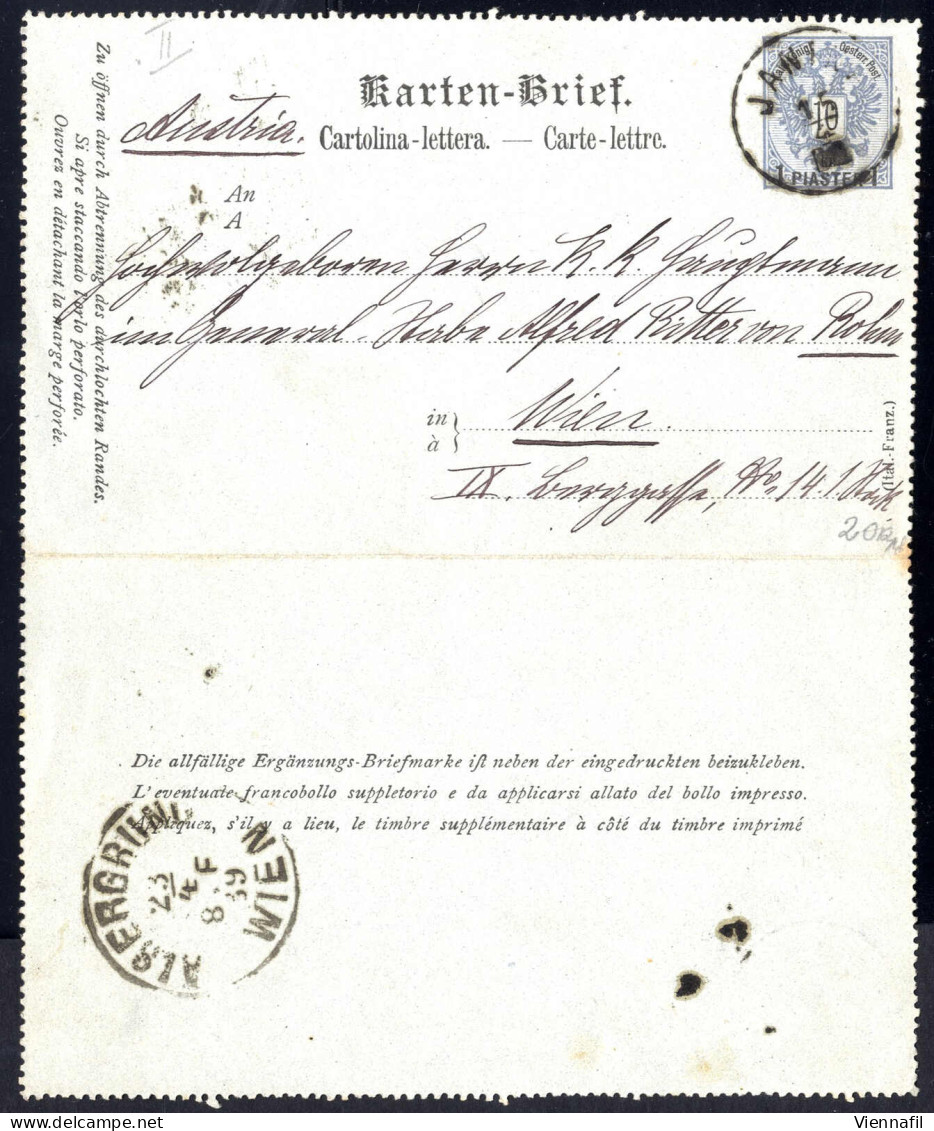 Cover 1889, Kartenbrief 1 Piaster Auf 10 Kr. Ultramarin Von Janina Am 15.4. Nach Wien - Oostenrijkse Levant