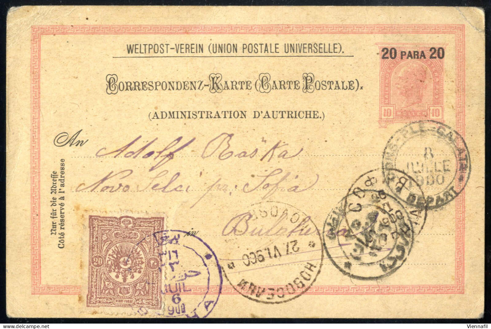 Cover 1900, 20 Para UPU Gs.-Karte Plus (Türkische Marke) 20 Para Zusatz-Frankatur, Gesendet über Galatz Nach Sofia, Selt - Levant Autrichien