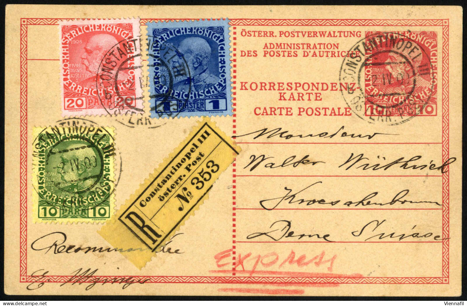 Cover 1909, Rekommandierte Und Express Aufgegebene Korrespondenzkarte Mit Werteindruck 10 Centimes Vom 2.4.1909 Von Cons - Oriente Austriaco
