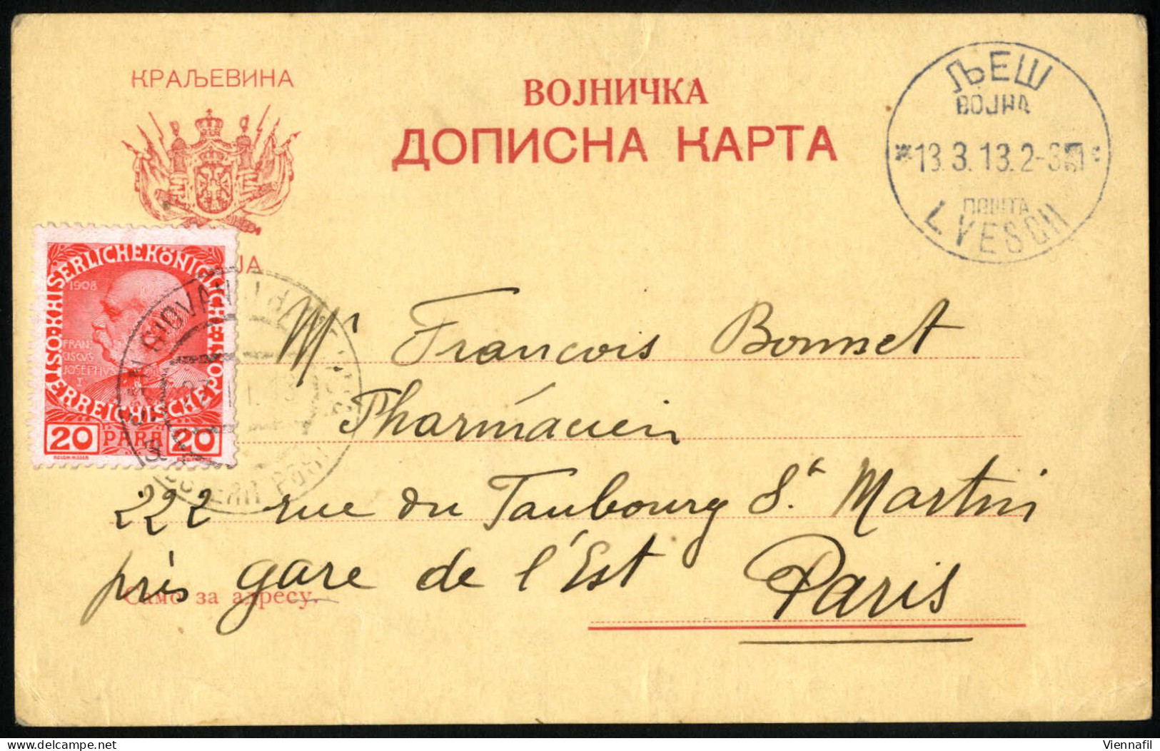 Cover 1913, Postkarte Vom 13.3.1913 Von Alessio (Lezha, Albanien) (zweisprachiger Abgangsstempel "LVESCH, 13.3.13.2-3")  - Albanië