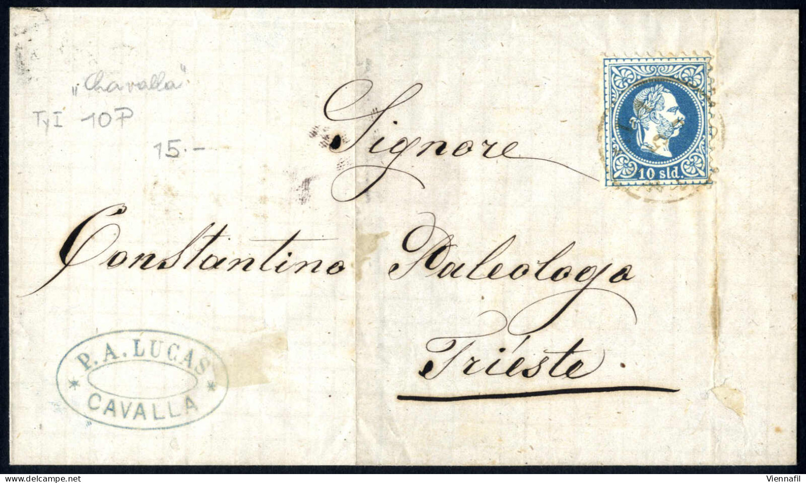Cover Cavalla, C1 Sass. 9 Punti, Brief Vom 5.6.1876 Nach Triest Frankiert Mit 10 Soldi Blau, ANK 4 - Levant Autrichien
