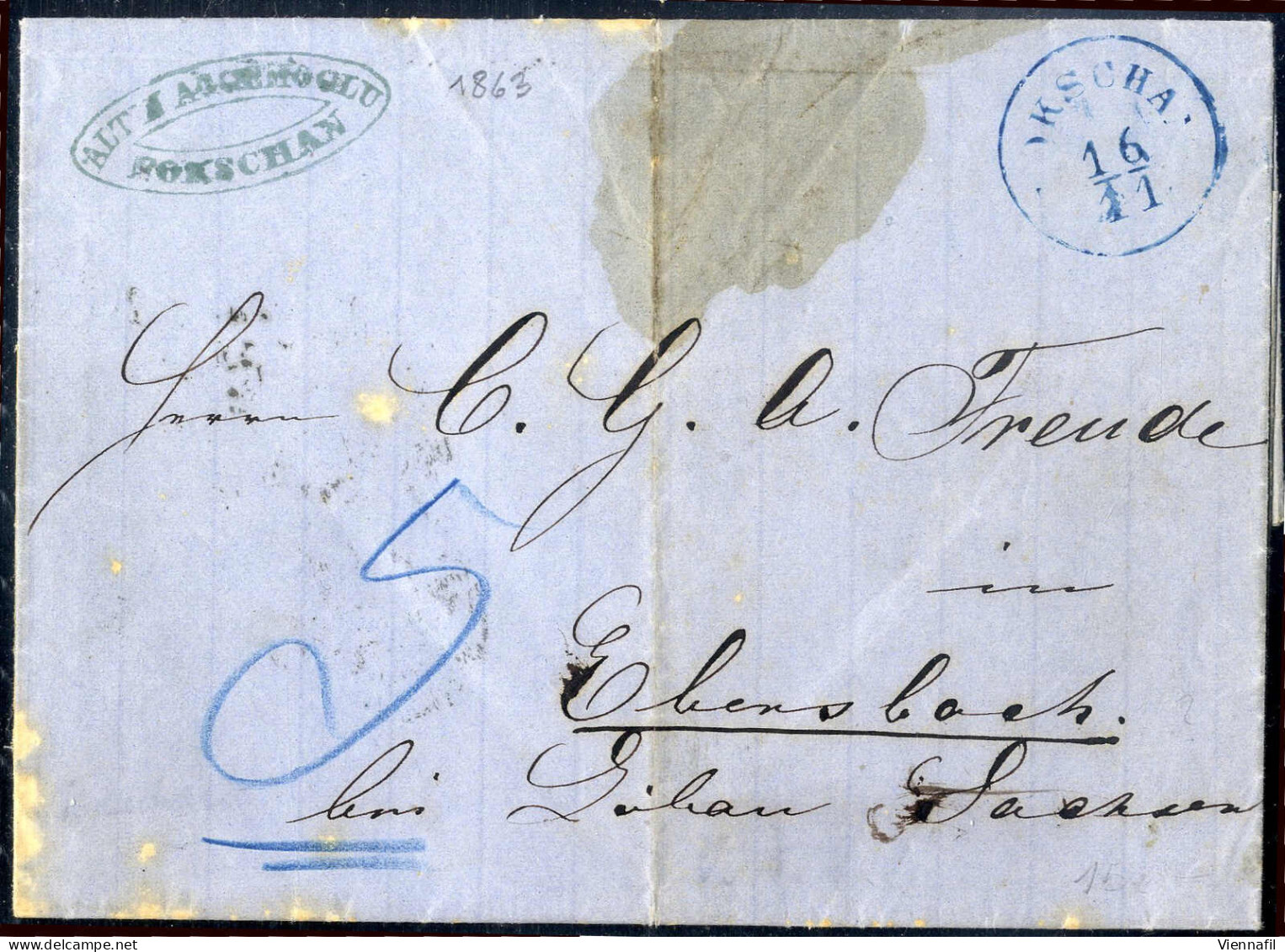 Cover FOKSCHAN In Blau Auf Vollständigem Brief Vom 16.11.1863 Nach Ebensbach (Sachsen), Blauer Taxvermerk "5" (NGr), Rüc - Oostenrijkse Levant
