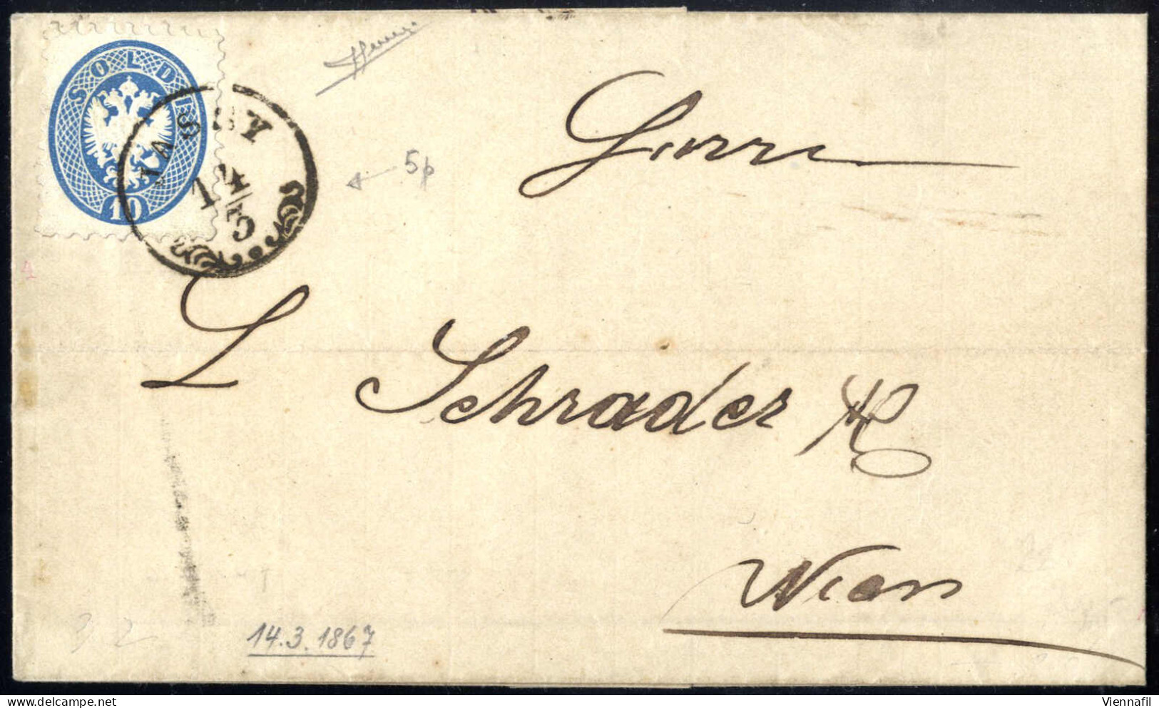 Cover JASSY, Brief Vom 14.3.1867 Von Jassy Nach Wien, Frankiert Mit 10 Soldi Blau, Gez. 9½, übergehend Und Klar Gestempe - Oostenrijkse Levant
