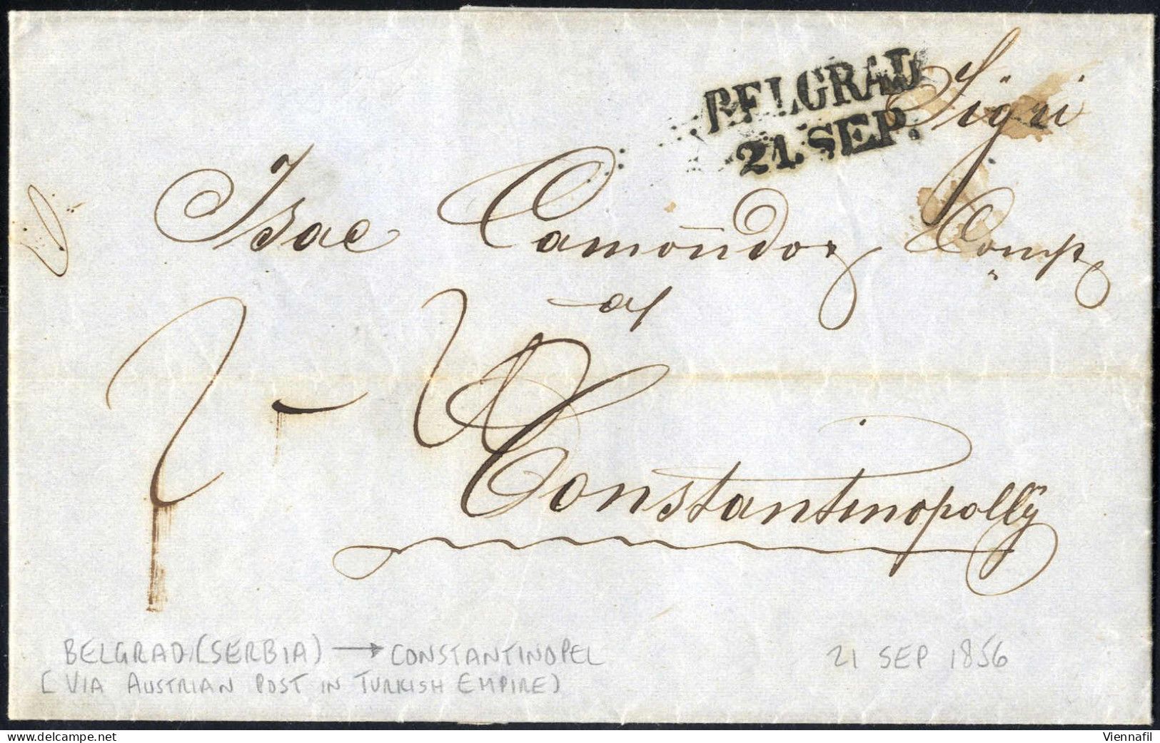 Cover 1856, Kompletter Faltbrief Vom 21.9.1856 Von österr. Konsularpostamt In Belgrad Nach Constantinopel, Aufgabestempe - Serbie