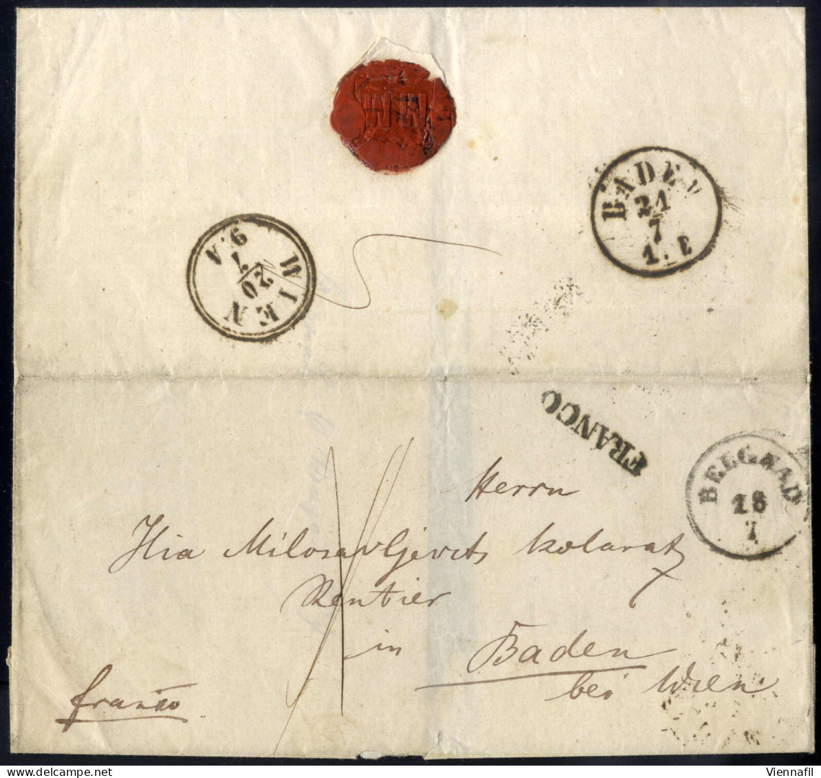 Cover 1867, Francobrief Vom 18.7.1867 Vom österreichischen Konsularpostamt Im Belgrad Nach Baden Bei Wien; Einkreisstemp - Serbie