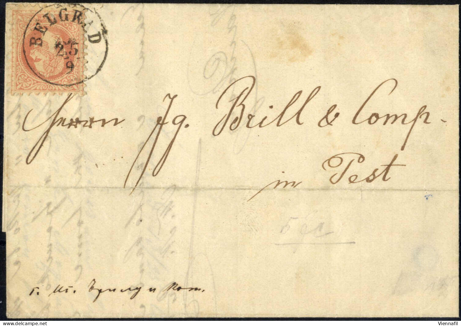 Cover 1868, Letter Sent On 25.9.1868 From The Austrian Consular PO Al Belgrade To Pest, Correctly Franked With 5 Kr. Red - Servië