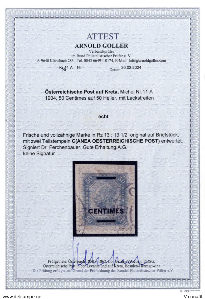 Piece 1903/04,50 Centimes Mit Lackstreifen, Echt Gestempeltes Prachtstück CANEA, Signiert Dr. Ferchenbauer, Aktuelles Fo - Oostenrijkse Levant