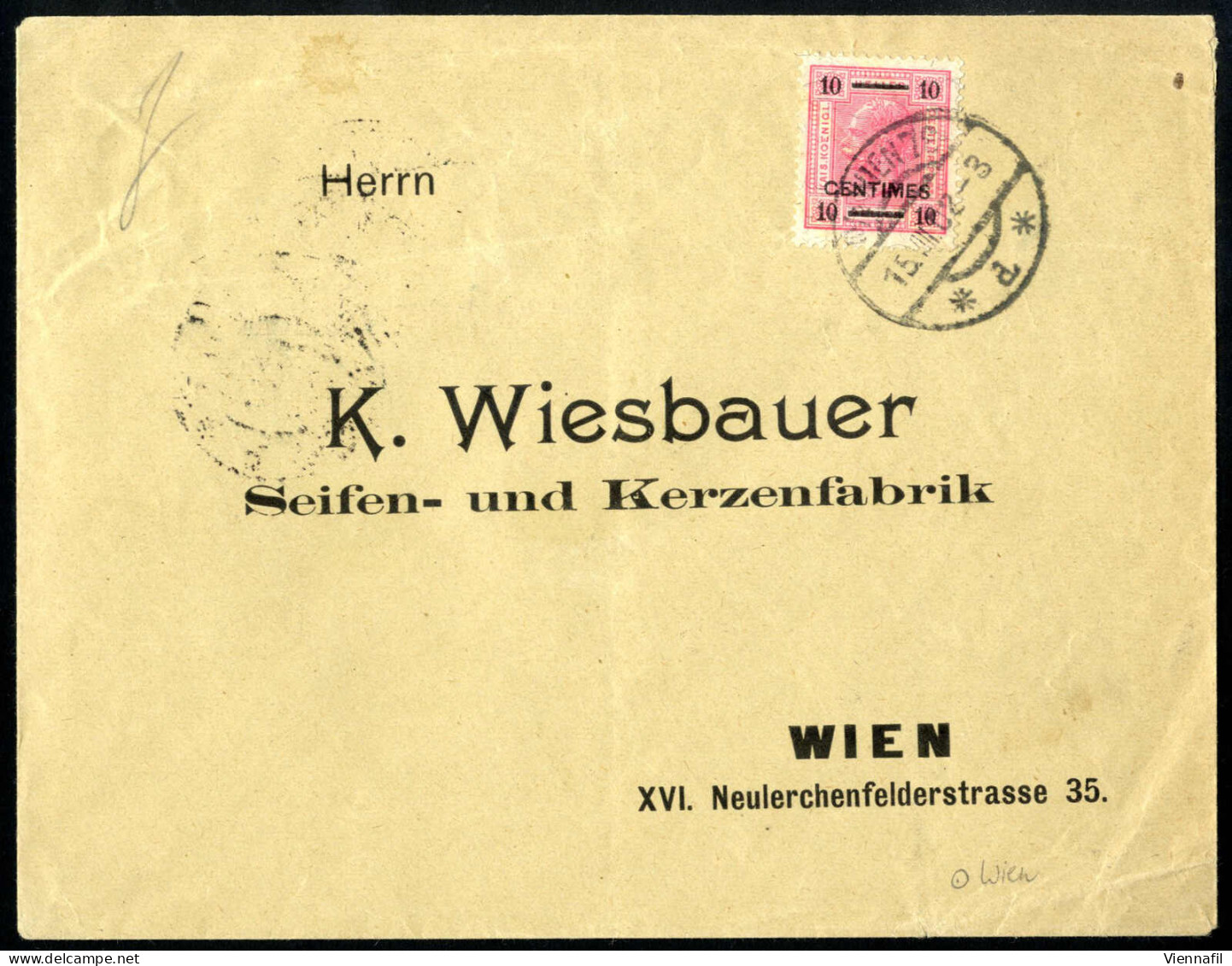 Cover 1908, Wiener Ortsbrief Frankiert Mit 10 Centimes Auf 10 Heller Rosa, Kat. Nr. 2 - Levant Autrichien