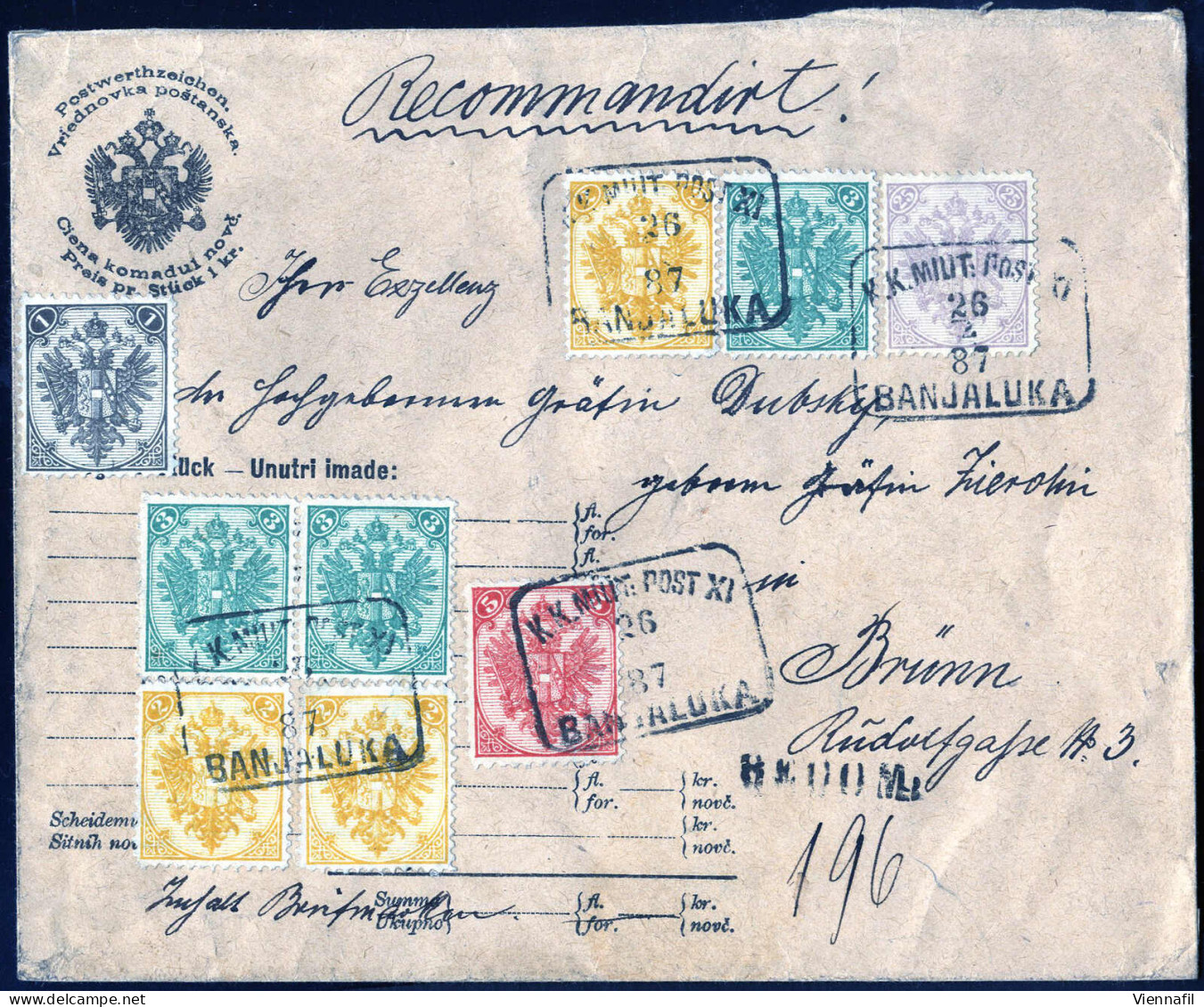 Cover 1887, Rekommandierter Brief (Inhalt Briefmarken) Vom 26.2.1887 Von Banjaluka Nach Brünn, Frankiert Mit 1 Kr. Grau, - Other & Unclassified