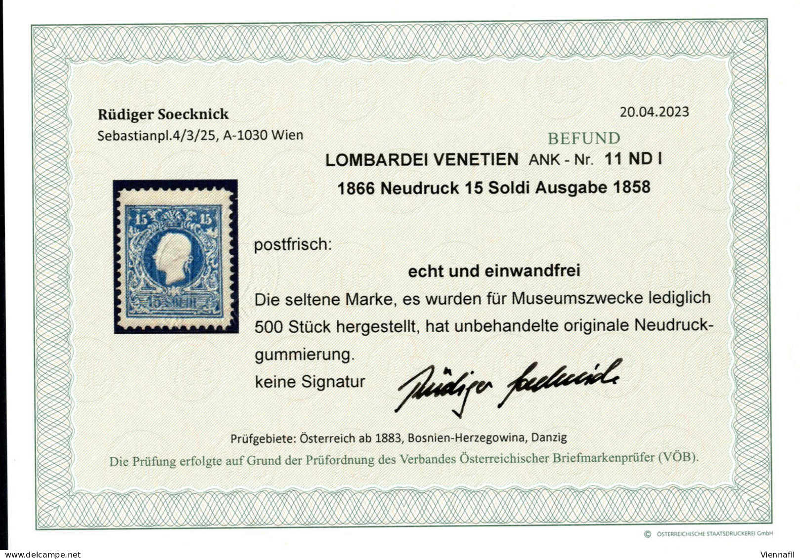 ** 1866, Neudruck 15 Soldi Der Ausgabe 1858, Postfrisch, Befund Soecknick, ANK 11 ND I / 1000,- - Autres & Non Classés