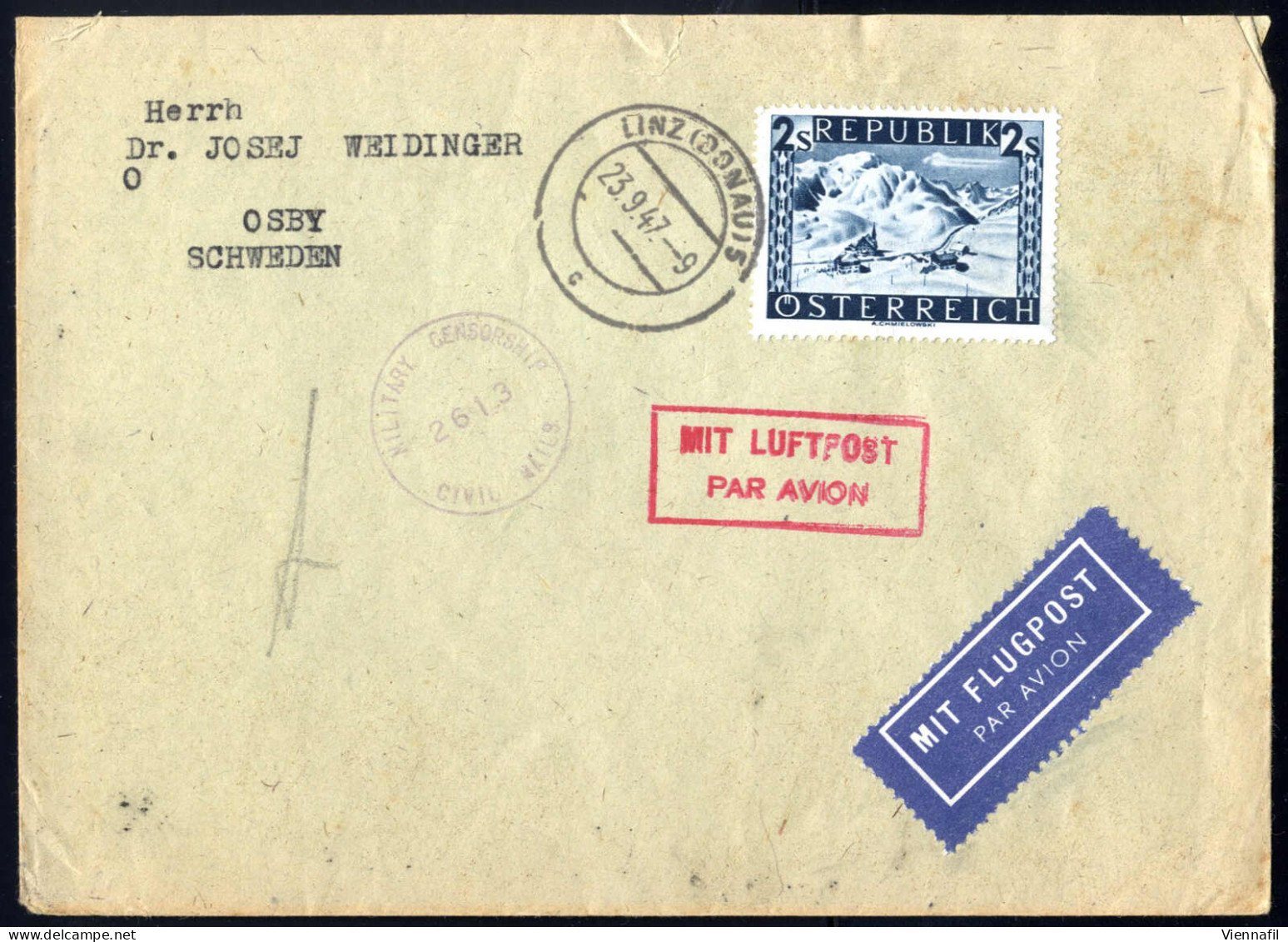 Cover 1946/7, 6 Luftpostbriefe Frankiert Mit "bunten Landschaften", Davon Zwei Nach Schweden, Einer Nach England Und Dre - Autres & Non Classés