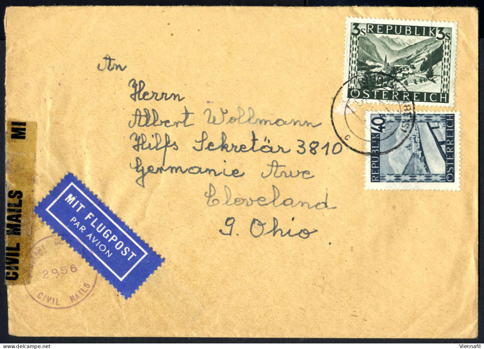 cover 1947, 6 Luftpostbriefe, fünf frankiert mit "bunten Landschaften" und einer mit Luftpost 1947 3 S. braun, fünf davo
