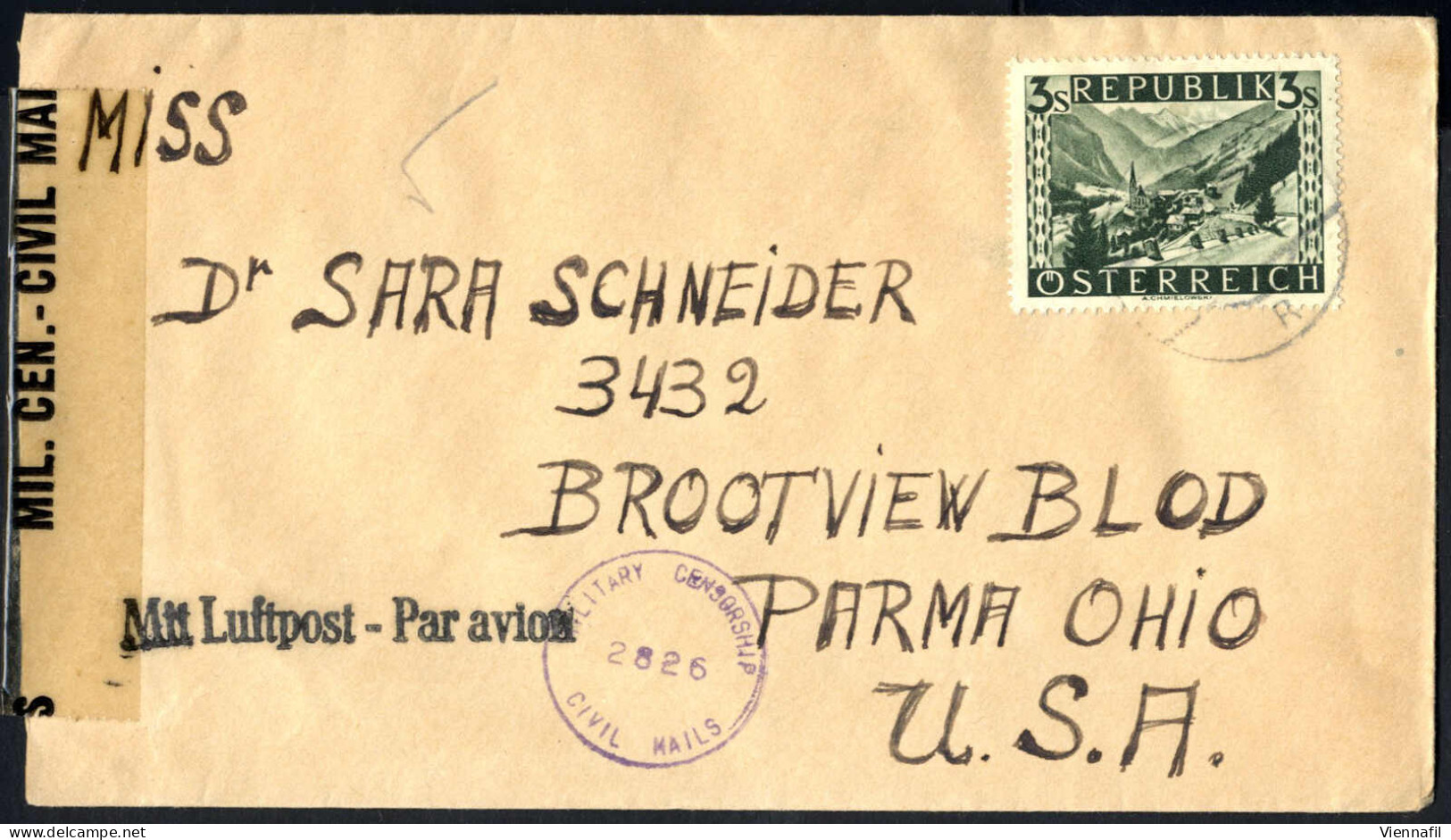 cover 1947, acht Luftpostbriefe frankiert mit "bunten Landschaften" (drei mit 3 S. grün, drei mit 2 S. und weiteren Wert