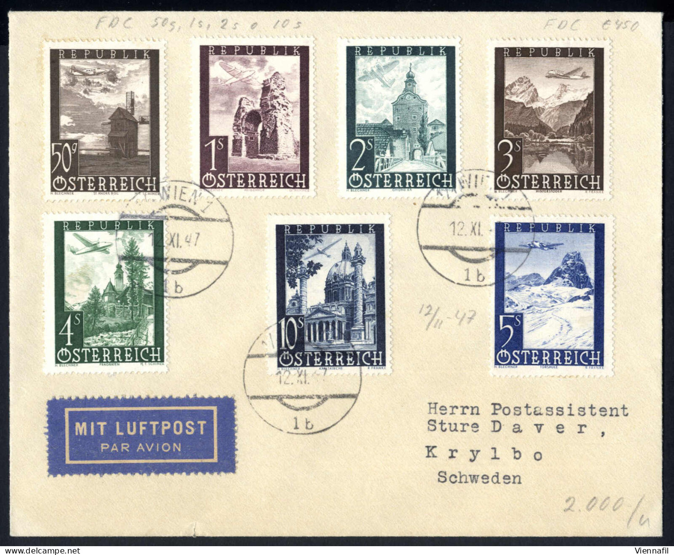 Cover 1947, FDC-Luftpostbrief Vom 12.11.1947 Von Wien Nach Krylbo (Schweden), Frankiert Mit Dem Kompletten Satz Flugpost - Other & Unclassified