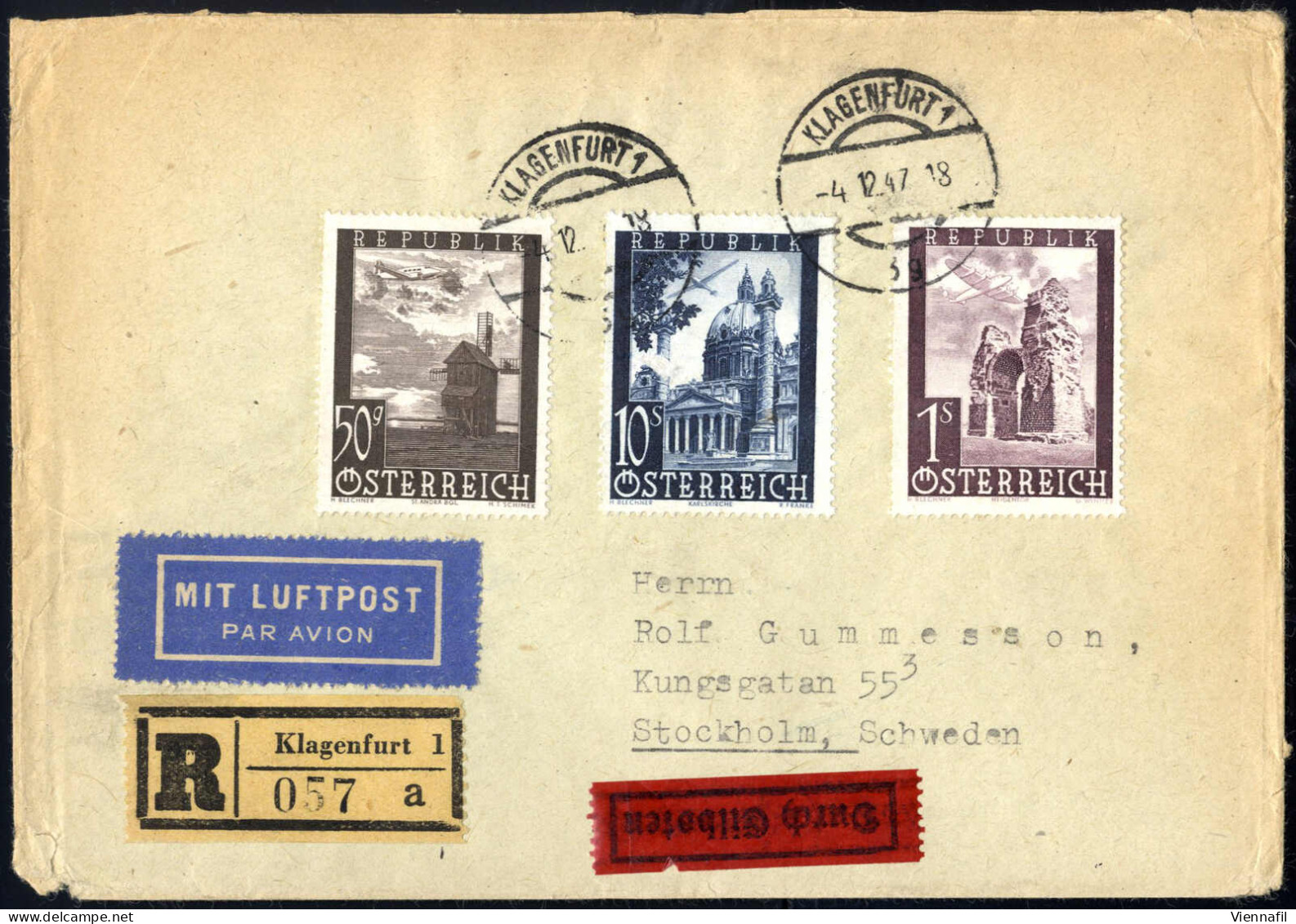 Cover 1947, Zwei Rekommandierte Luftpostbriefe (einer Zusätzlich Expreß) Von Klagenfurt Nach Stockholm (Schweden), Frank - Andere & Zonder Classificatie