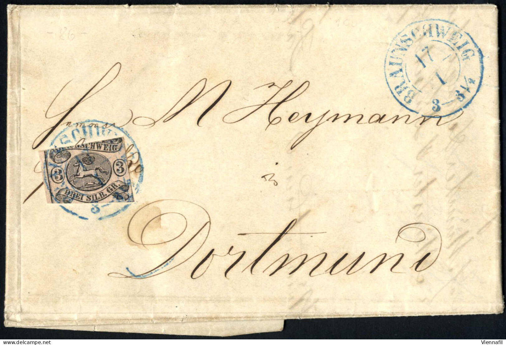 Cover 1856, Kompletter Faltbrief Vom 17.1.1856 Von Brauschweig Nach Dortmund, Frankiert Mit 3 Sgr. Hellrosa, Oben Und Un - Braunschweig