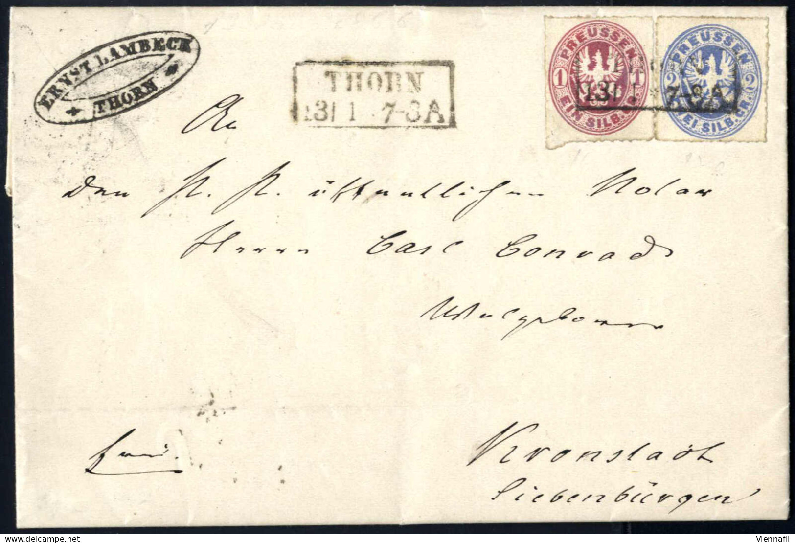 Cover 1866, Brief Von Thorn Am 13.1. Nach Kronstadt (Rumänien) Frankiert Mit 1+2 Sgr, Mi. 16,17 - Other & Unclassified