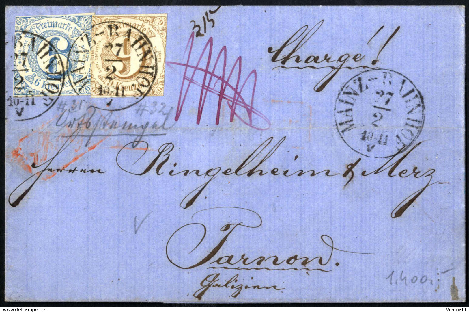 Cover 1864, Rekommandierter Brief Vom 27.2.1864 Von Mainz Nach Tarnow In Galizien, Frankiert Mit 6 Kr. Hellblau Und 9 Kr - Autres & Non Classés